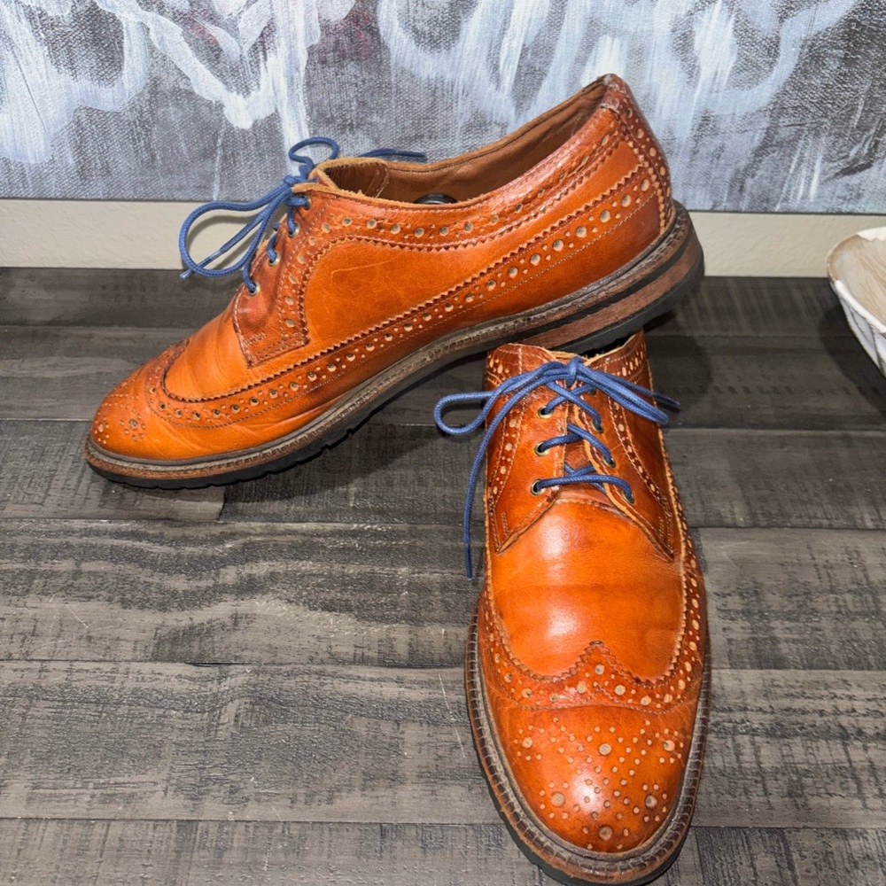 Allen Edmonds Men's Wingtip Oxfords in Cognac Brown with Blue Laces